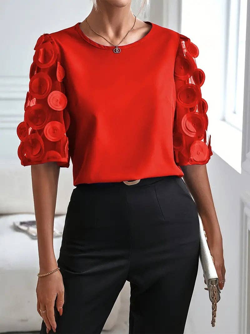 Casual round Neck Cutout Lace Stitching Short Sleeve Top - Image 5