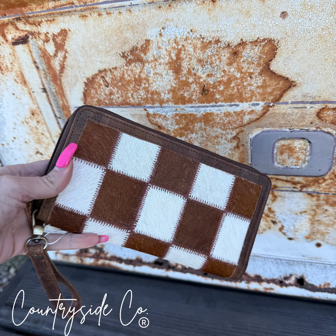 Checkered Cowhide Womens Wallet Wristlet Trendy - Image 9