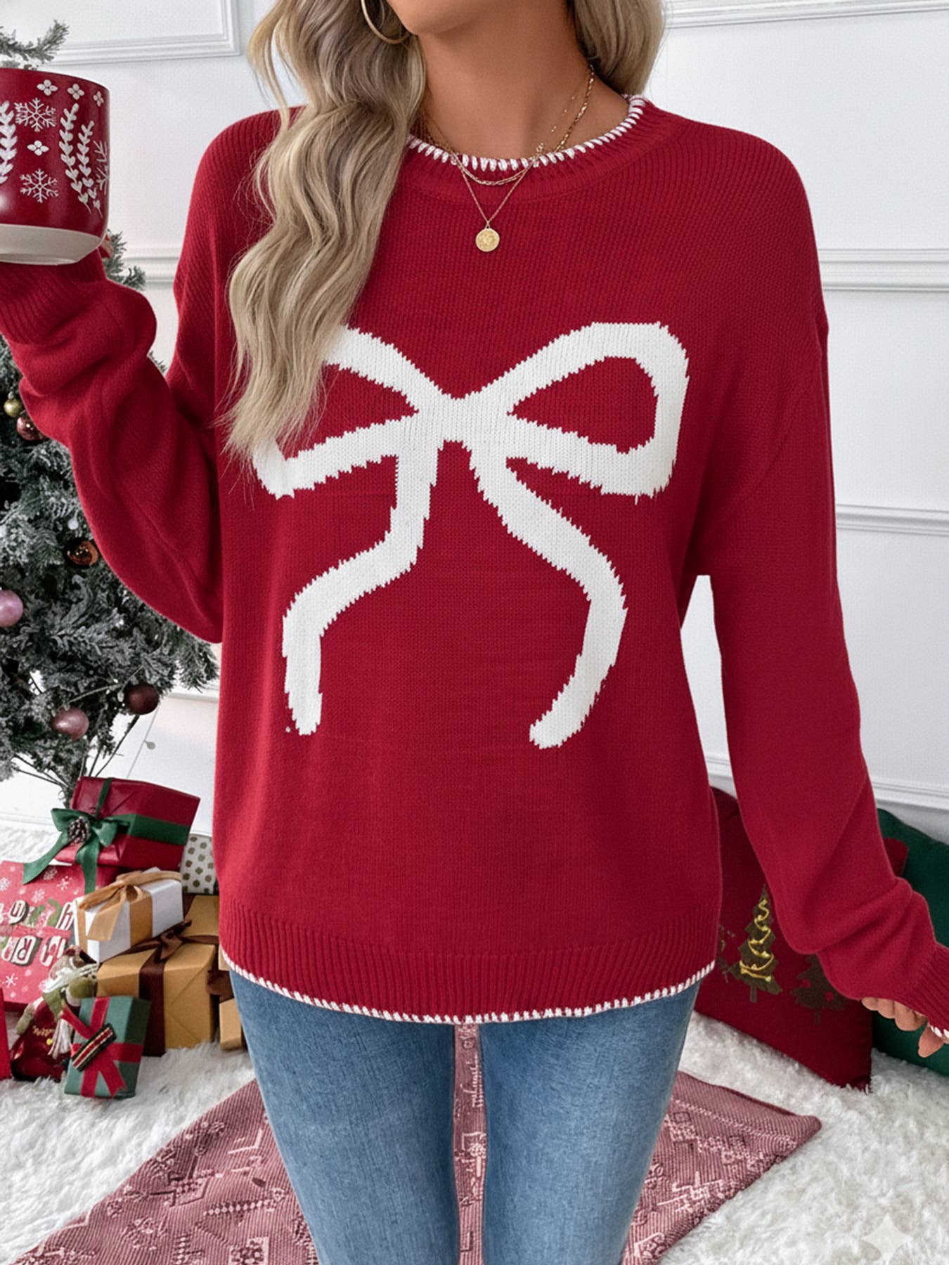 Christmas/Valentine’s Day Bow Knit Sweater Holiday Pullover - Image 22