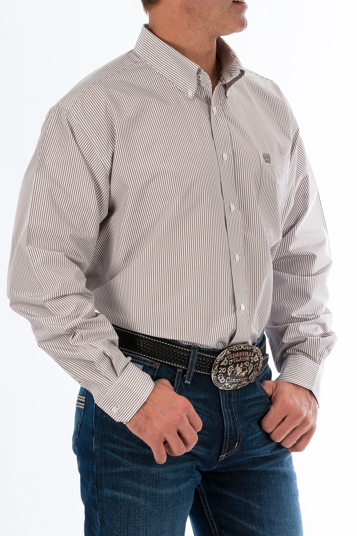 CINCH MEN'S TENCEL KHAKI STRIPE BUTTON-DOWN WESTERN SHIRT STYLE MTW1104731 - Image 3