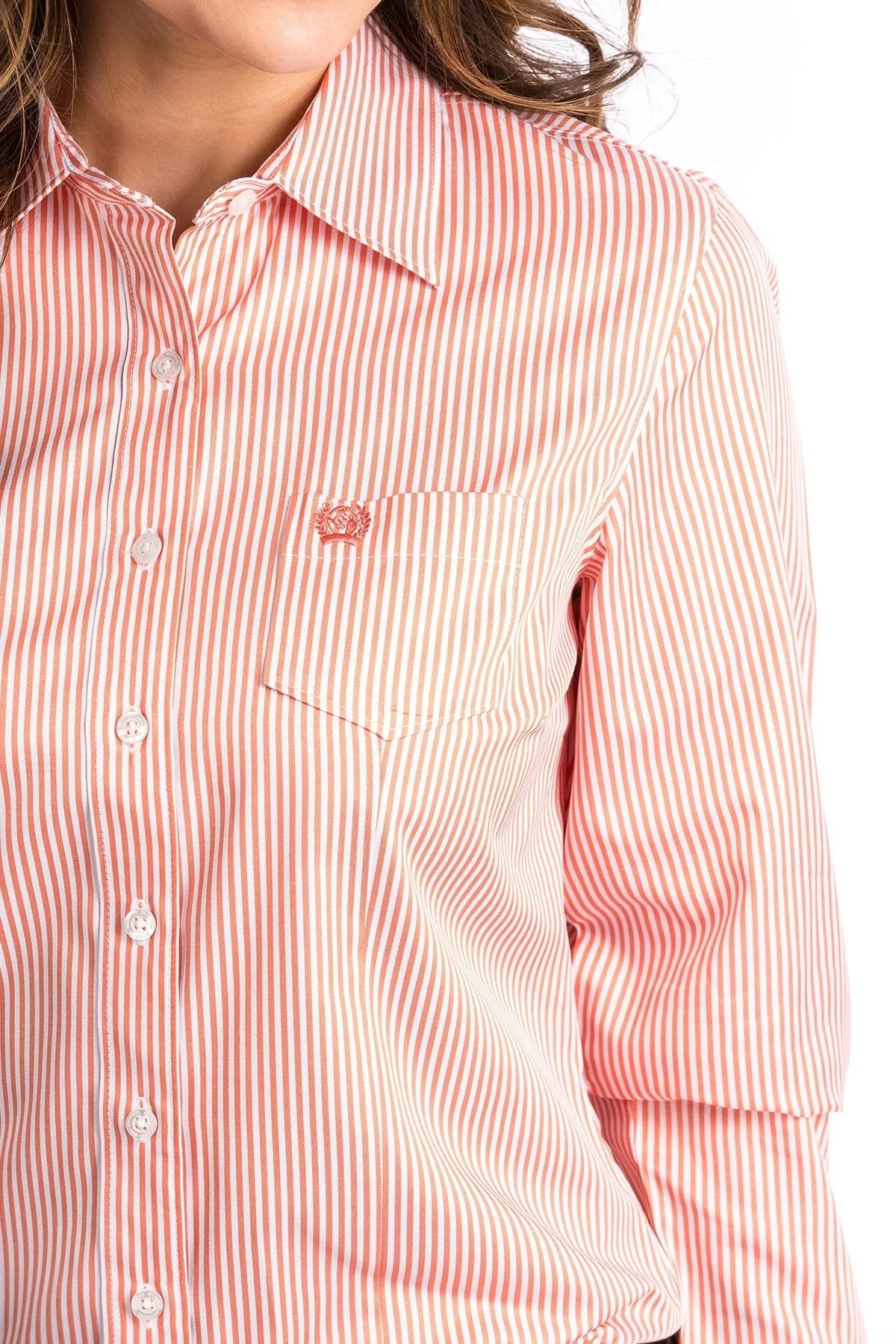 CINCH WOMENS TENCEL CORAL AND WHITE STRIPE BUTTON-UP SHIRT MSW9164089 - Image 4