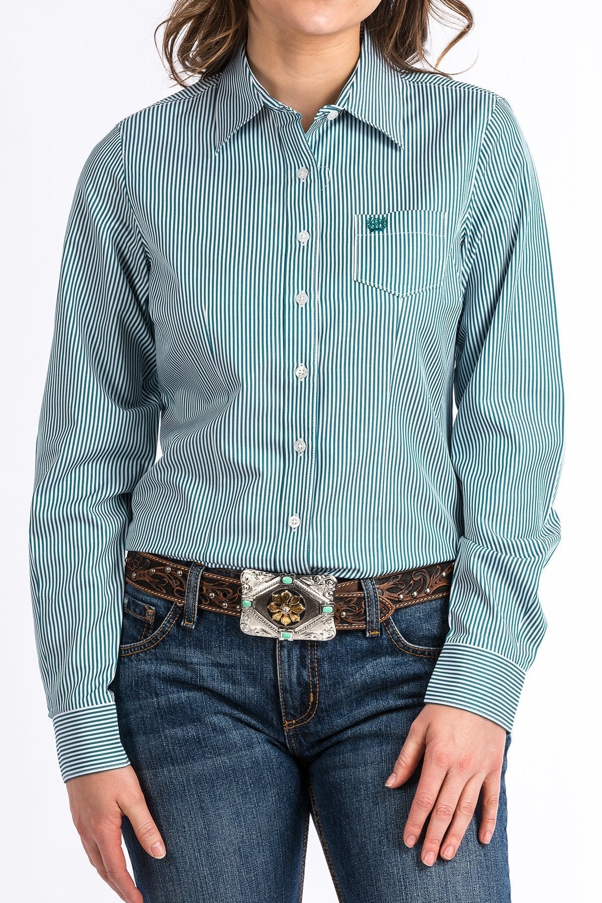 CINCH WOMENS TENCEL TEAL AND WHITE STRIPE BUTTON-UP SHIRT STYLE MSW9164088 - Image 2