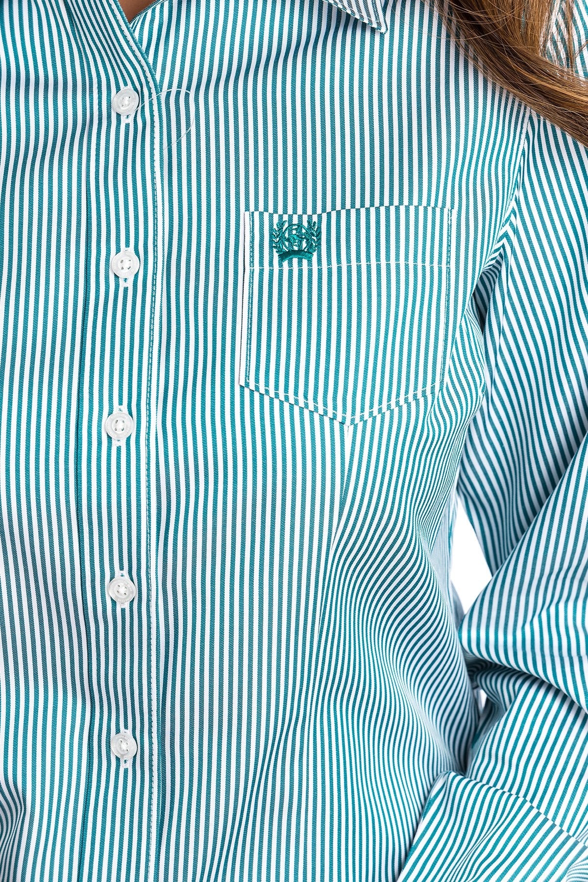CINCH WOMENS TENCEL TEAL AND WHITE STRIPE BUTTON-UP SHIRT STYLE MSW9164088 - Image 8