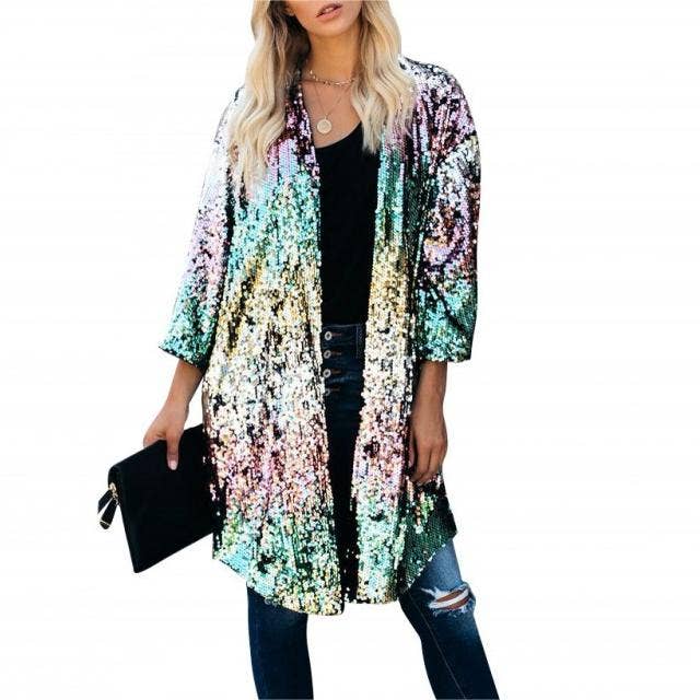 Colorful sequins street cardigan trench coat - Image 2