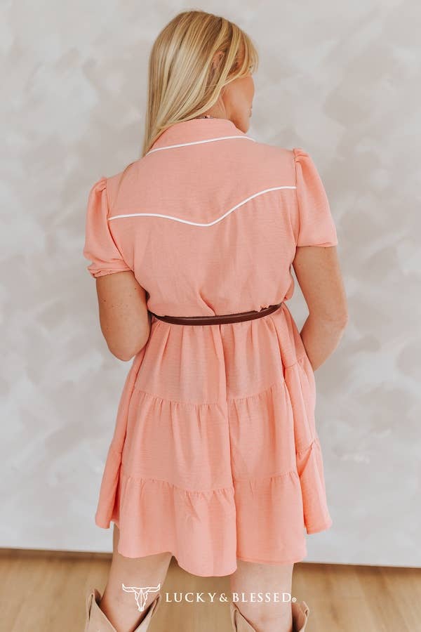 Coral Puff Sleeve Western Ruffle Contrast Piping Yoke Dress - Image 2
