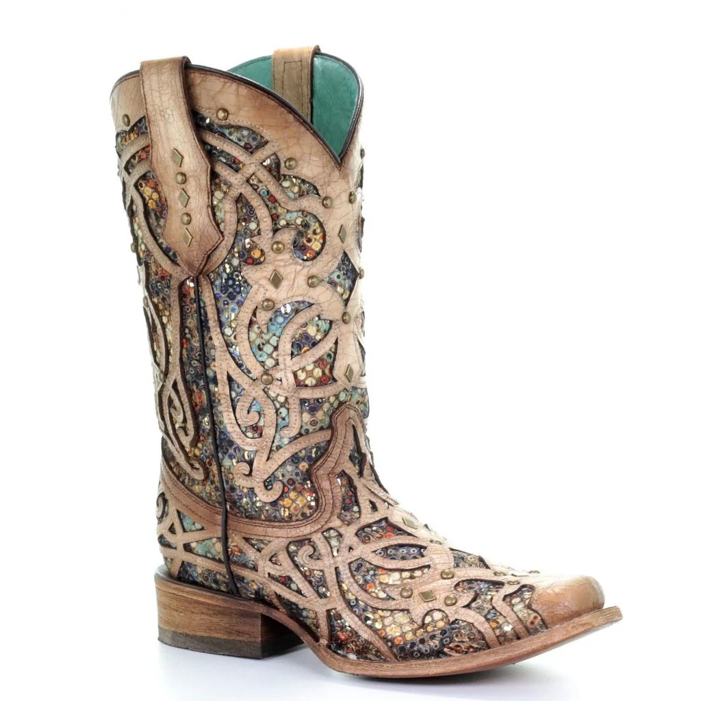 Corral Ladies Bone & Multicolor Inlay & Studs Square Toe Boots Style C3405 - Image 3