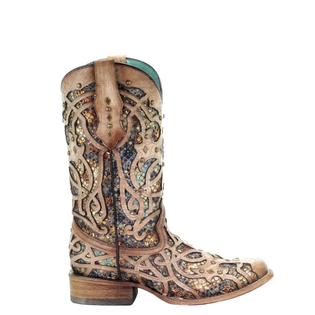 Corral Ladies Bone & Multicolor Inlay & Studs Square Toe Boots Style C3405 - Image 4