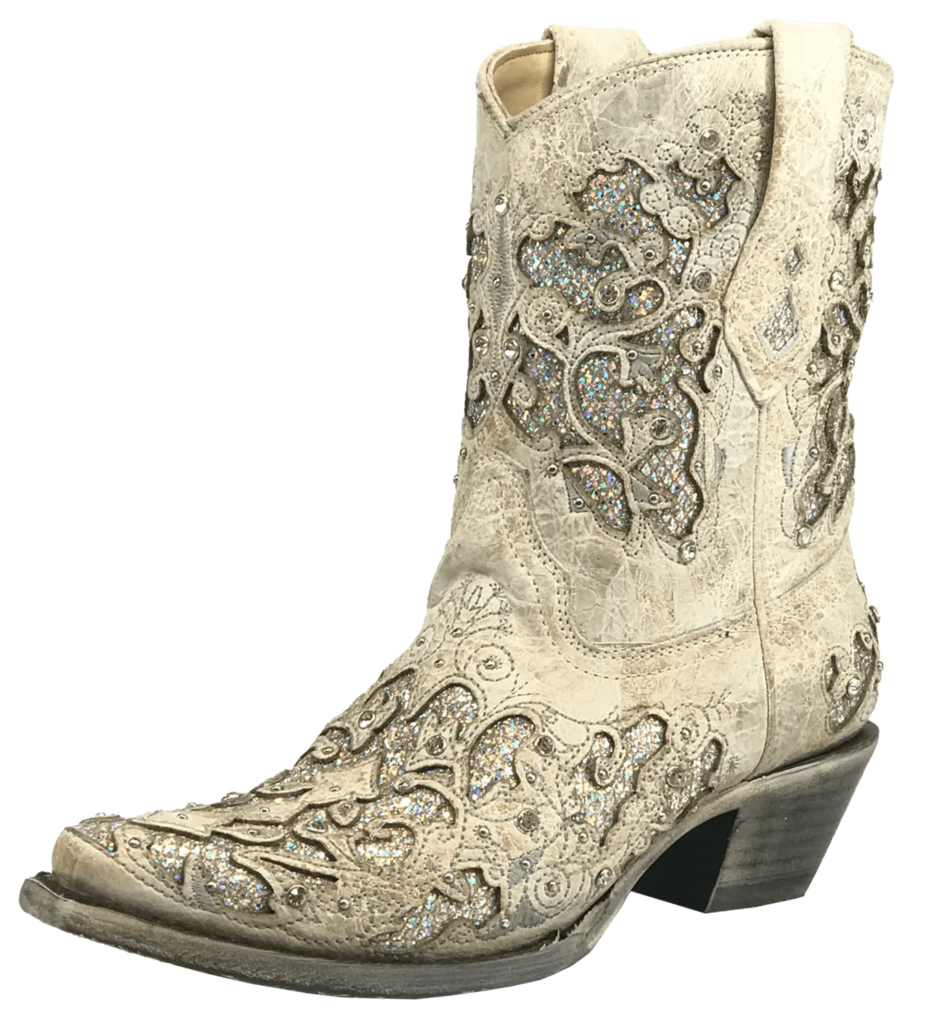 Corral Ladies White Glitter Inlay and Crystals Ankle Boot Style A3550 - Image 4
