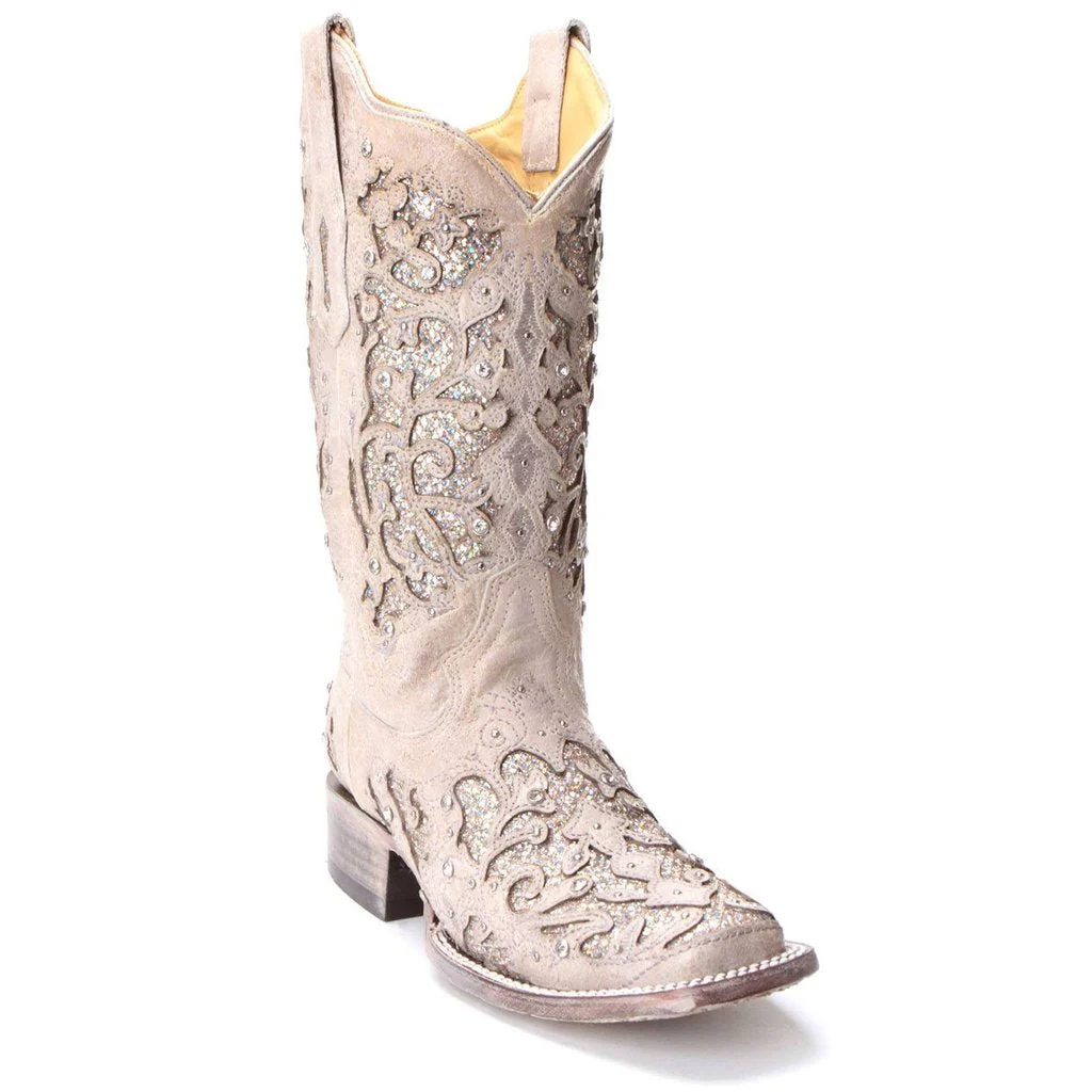 Corral White Glitter Inlay and Crystals Square Toe Style A3397 - Image 5