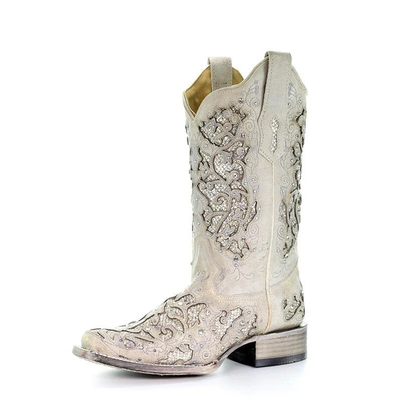 Corral White Glitter Inlay and Crystals Square Toe Style A3397 - Image 6