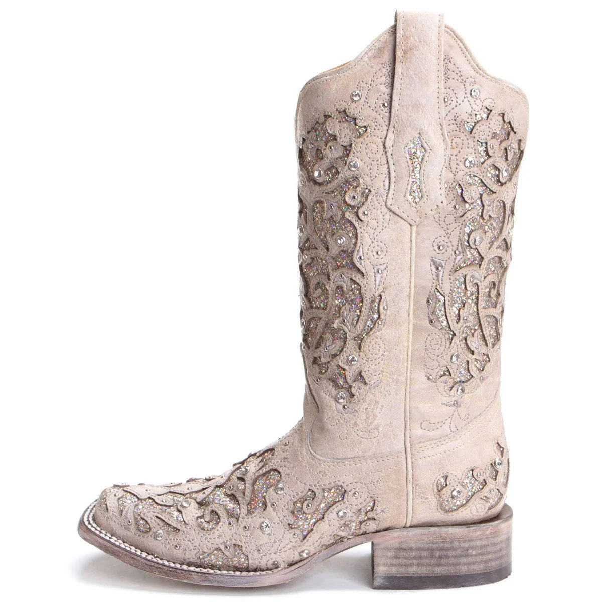 Corral White Glitter Inlay and Crystals Square Toe Style A3397 - Image 7
