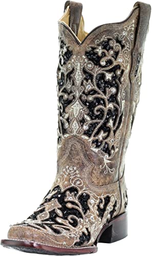 CORRAL WOMENS BLACK SEQUIN INLAY SQUARE TOE WESTERN BOOTS STYLE A3648 - Image 2