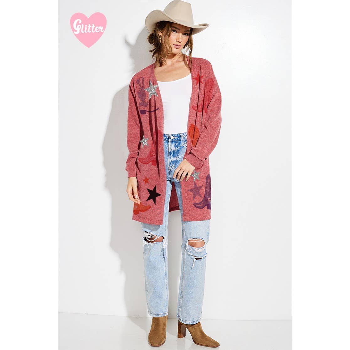 Cowgirl boots Glitter print Knit casual Cardigan - Image 6