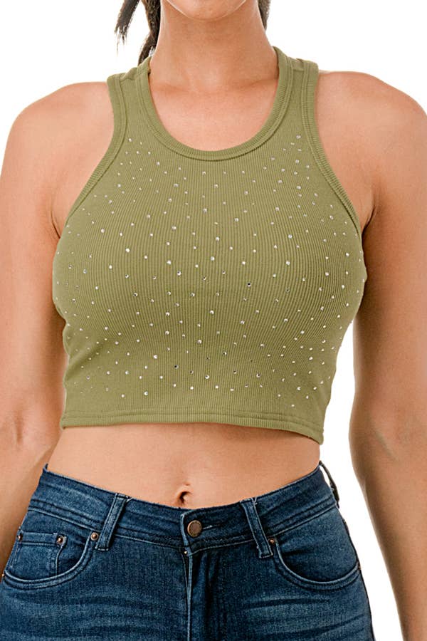 Cropped racer back ribbed tank top with rhinestone printing