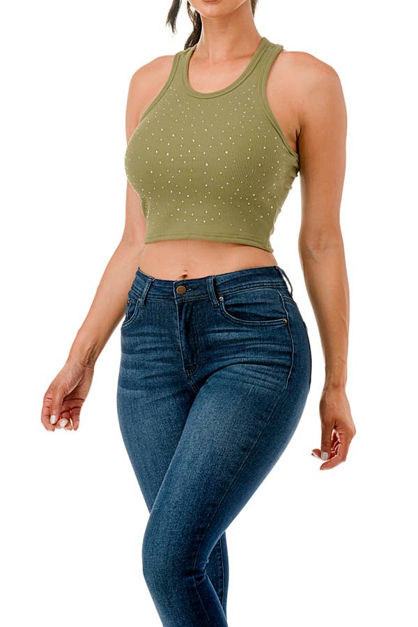 Cropped racer back ribbed tank top with rhinestone printing - Image 4