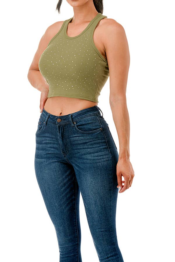 Cropped racer back ribbed tank top with rhinestone printing - Image 6