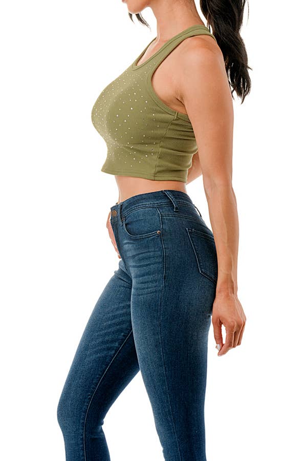 Cropped racer back ribbed tank top with rhinestone printing - Image 7