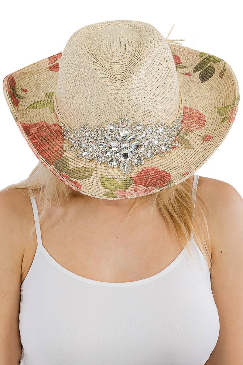 Crystal Bling Patch Rose Print Cowboy Hat - Image 7