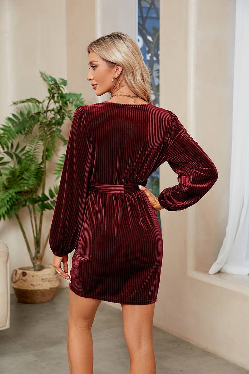 CWDSD1700_VELVET CORDUROY BELTED CROSS WRAP MINI DRESS - Image 3