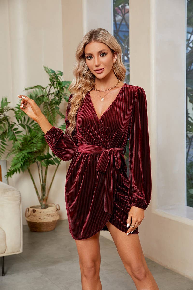CWDSD1700_VELVET CORDUROY BELTED CROSS WRAP MINI DRESS - Image 7