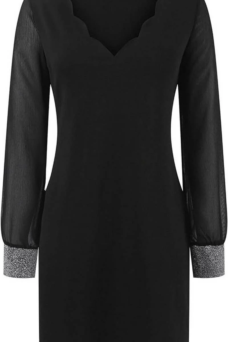 CWDSD4544_V-NECK LONG-SLEEVED MESH SEQUINED DRESS - Image 3