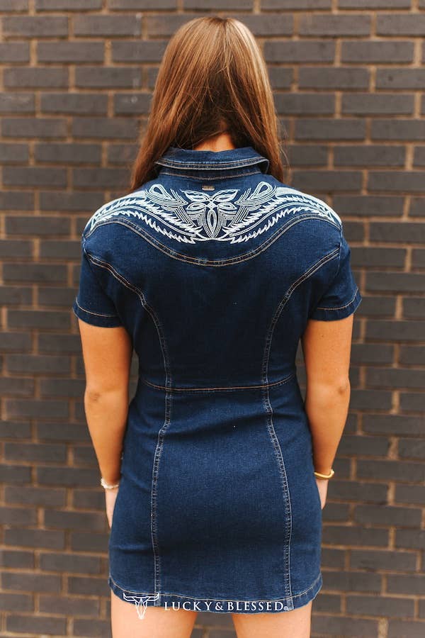 Dark Wash Embroidered Front Zipper Short Sleeve Dress - Image 2
