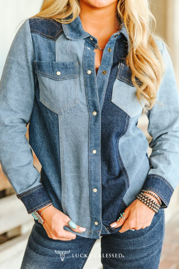 Denim Multi Contrast Button Down Shirt - Image 3