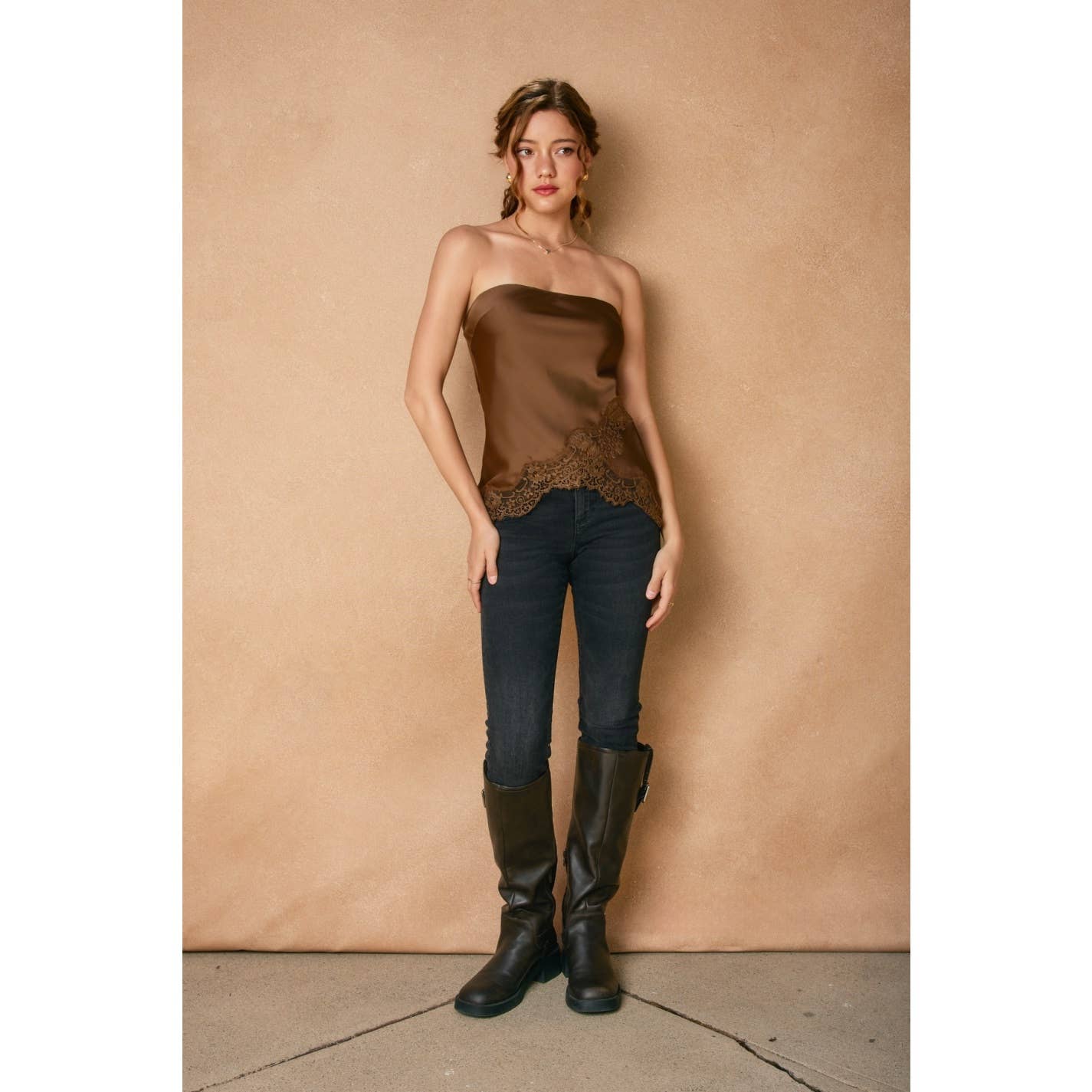 Dull Satin Lace Hem Tube Top - Image 4