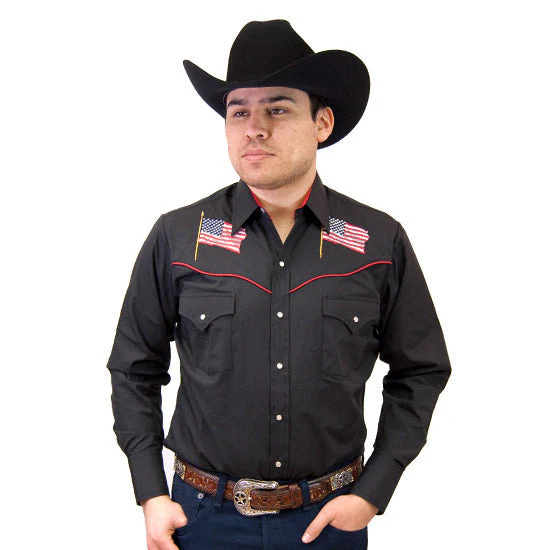 Ely Mens Long Sleeve Solid Shirt with Flag Embroidery and Piping Style 15203947-89 - Image 2
