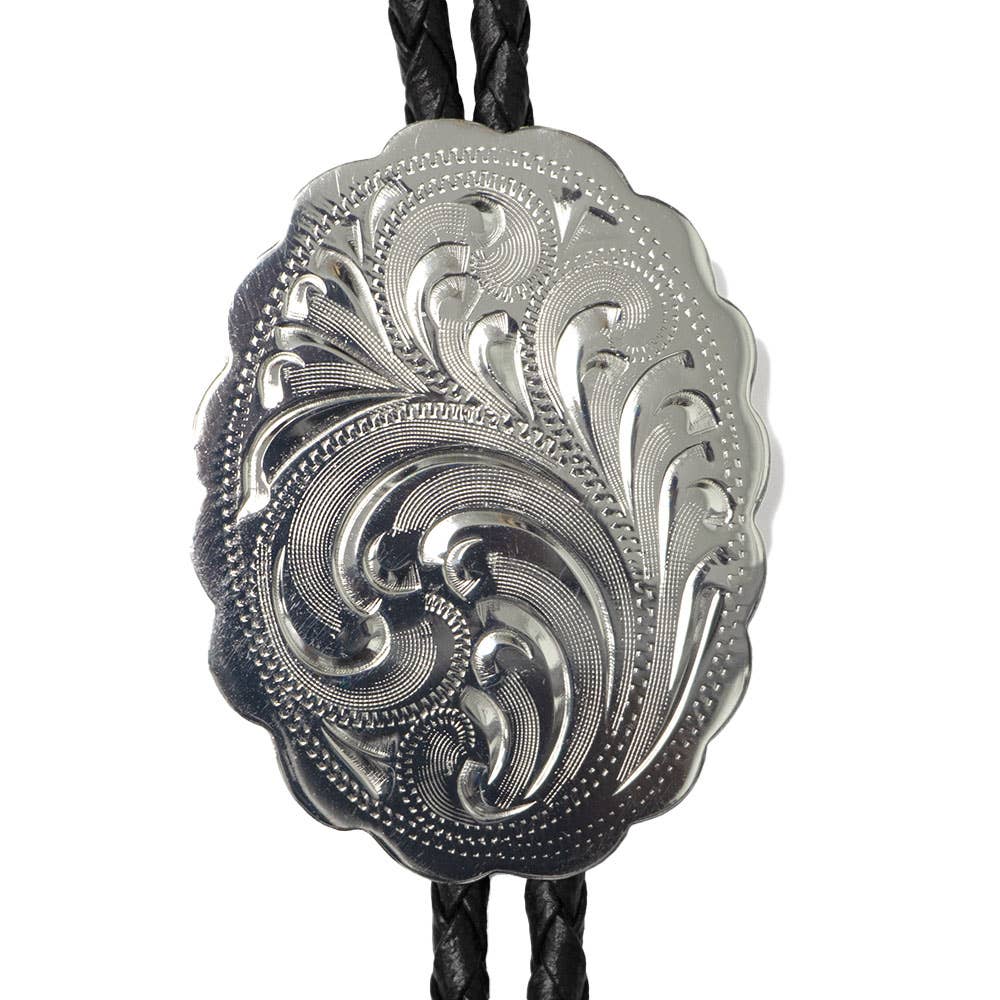 Engraved Silver Scalloped Oval German Silver Bolo Tie