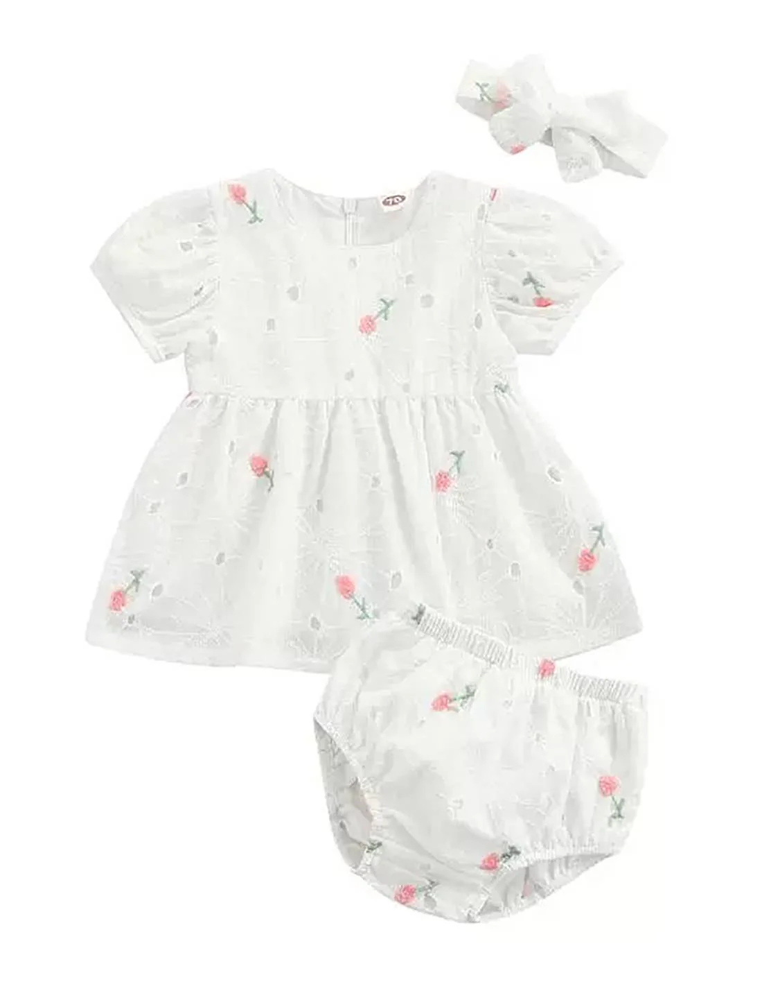 Eyelet Flower Cotton Baby Dress, Bloomers & Headband