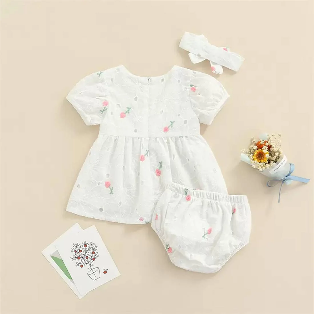 Eyelet Flower Cotton Baby Dress, Bloomers & Headband - Image 5