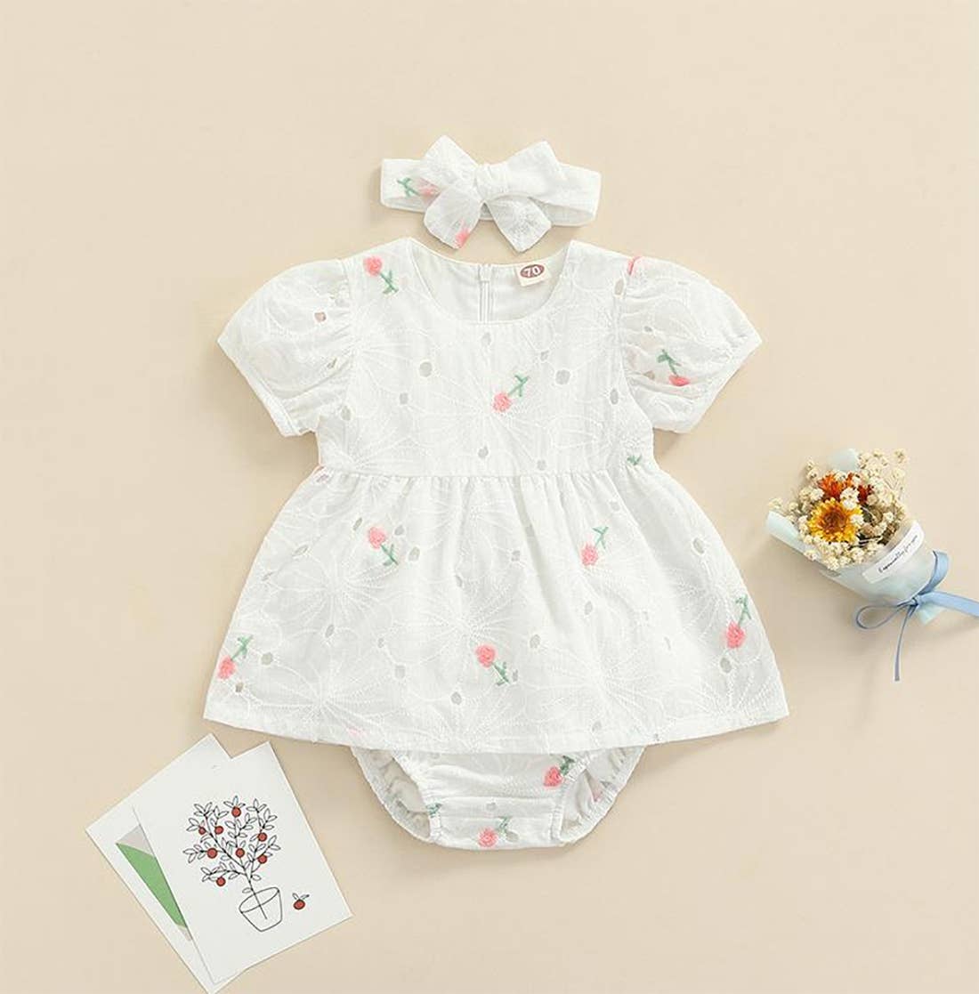 Eyelet Flower Cotton Baby Dress, Bloomers & Headband - Image 6