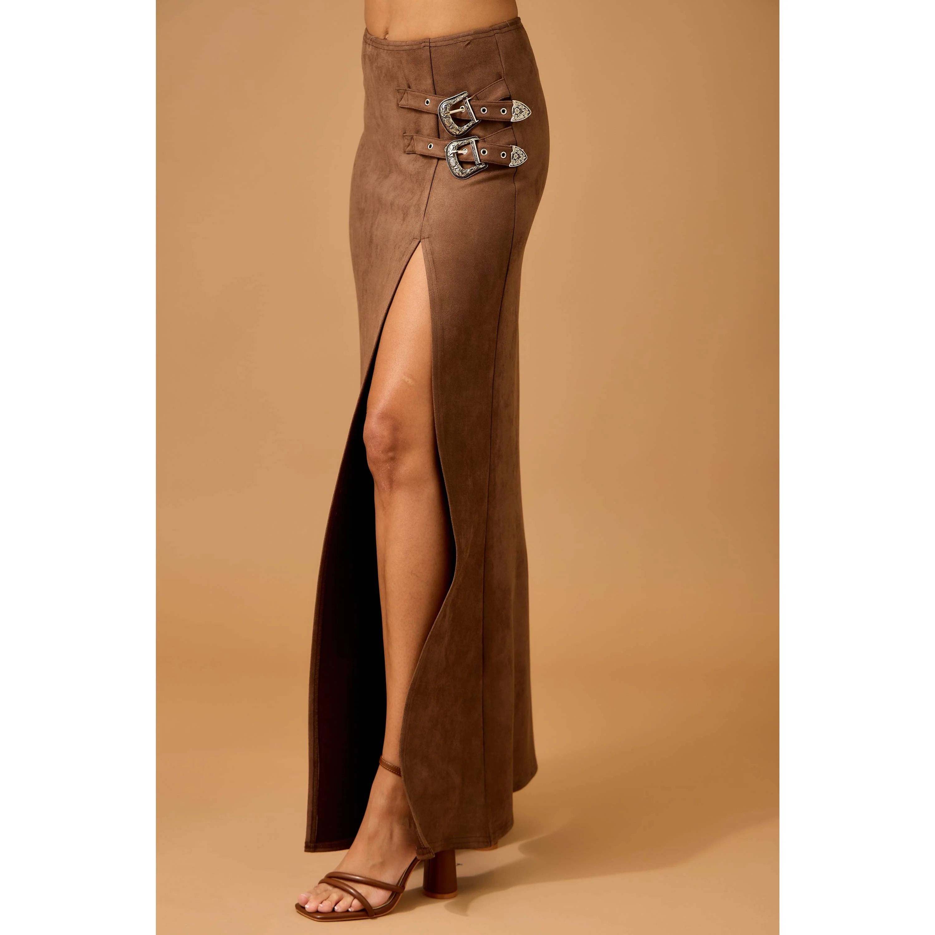 Faux Suede Maxi Skirt with High Slit and Double Buckles - Image 2