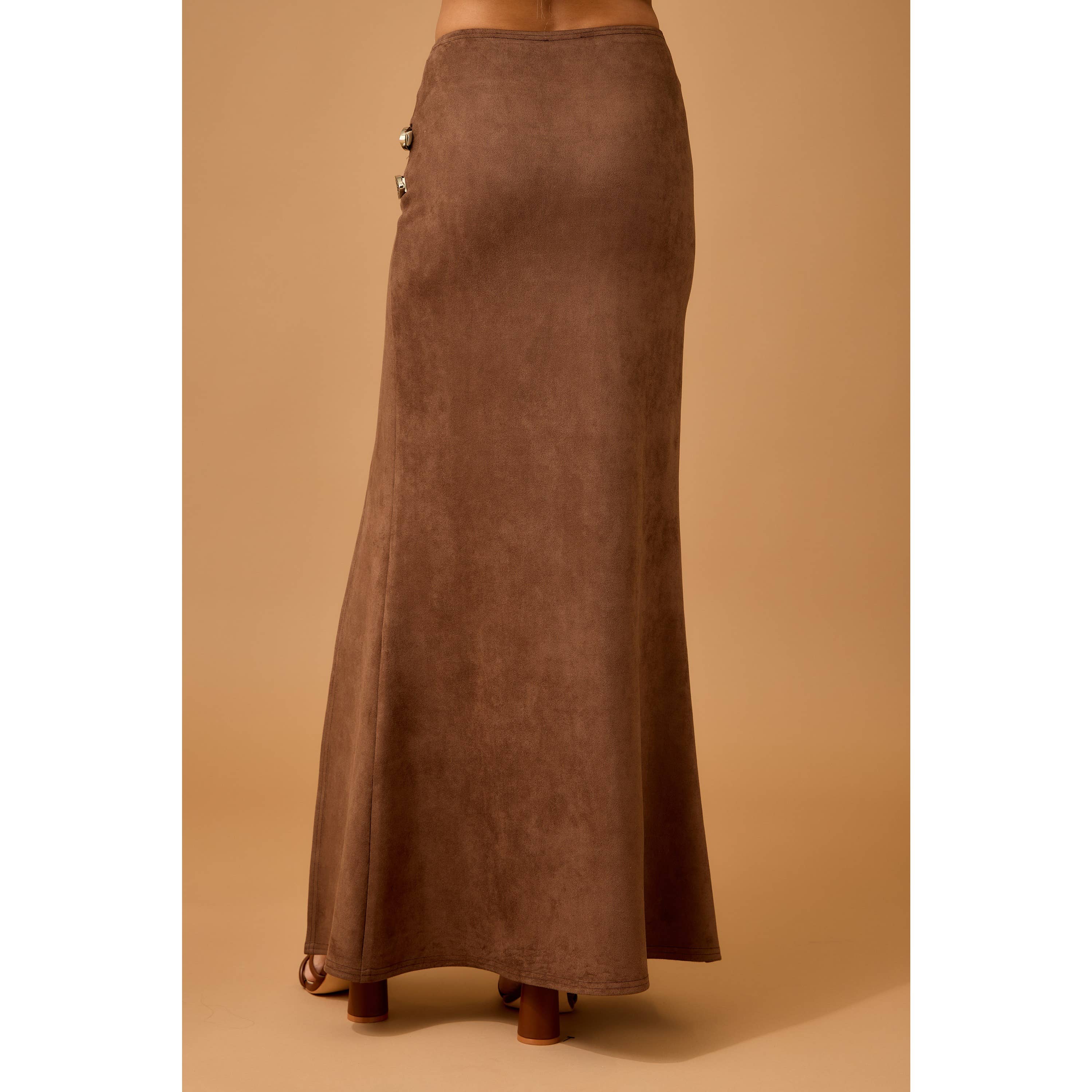 Faux Suede Maxi Skirt with High Slit and Double Buckles - Image 3