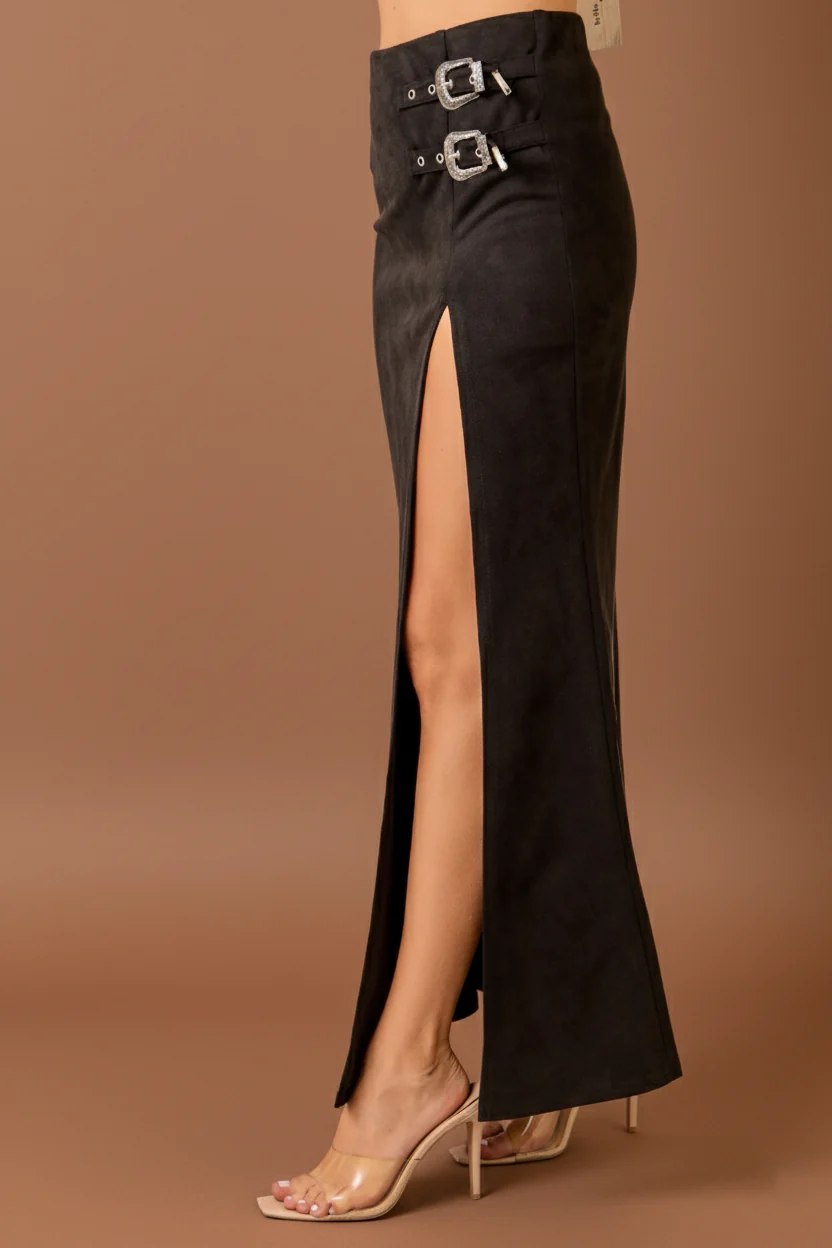 Faux Suede Maxi Skirt with High Slit and Double Buckles - Image 8