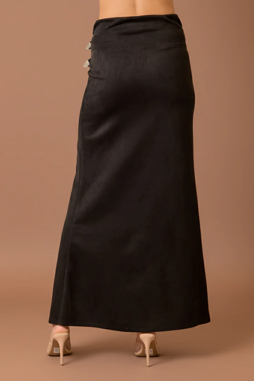 Faux Suede Maxi Skirt with High Slit and Double Buckles - Image 9