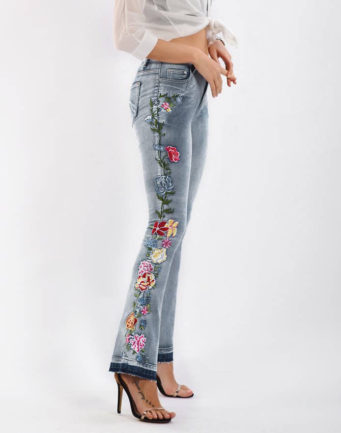 Floral embellished flare light blue jeans - Image 3