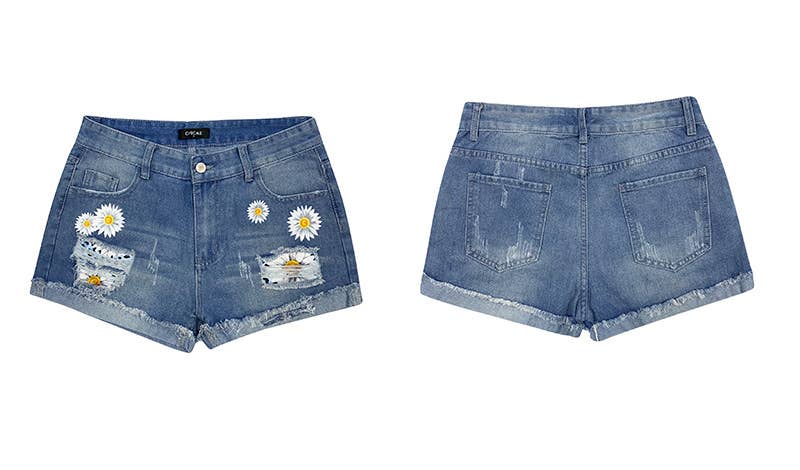 Floral high-waisted ripped denim shorts - Image 3