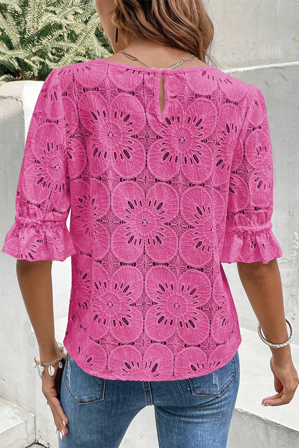 Flower Eyelet Jacquard Keyhole Flounce Sleeve Top - Image 8
