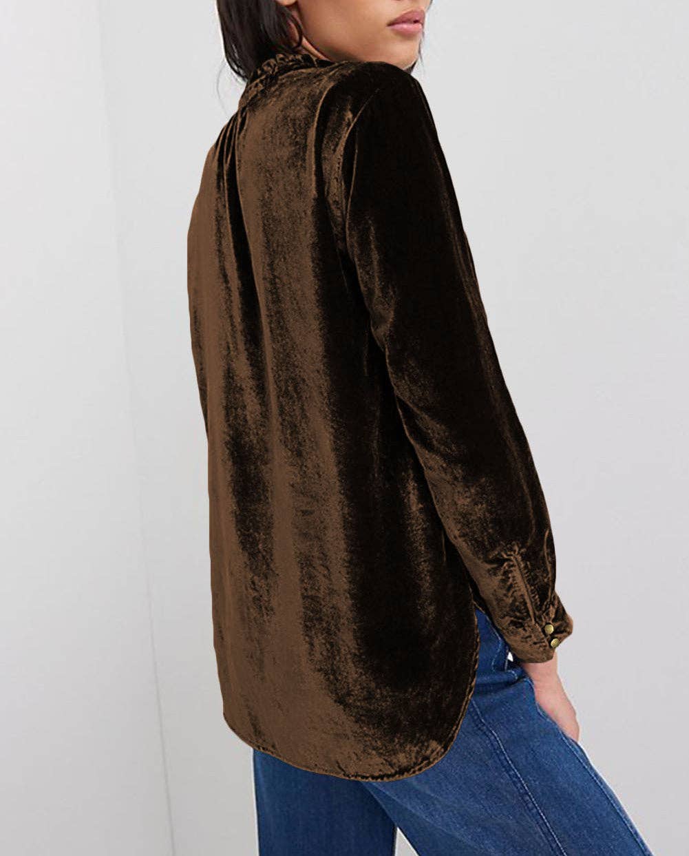 Frilled Neck Buttoned Front Velvet Top - Image 10