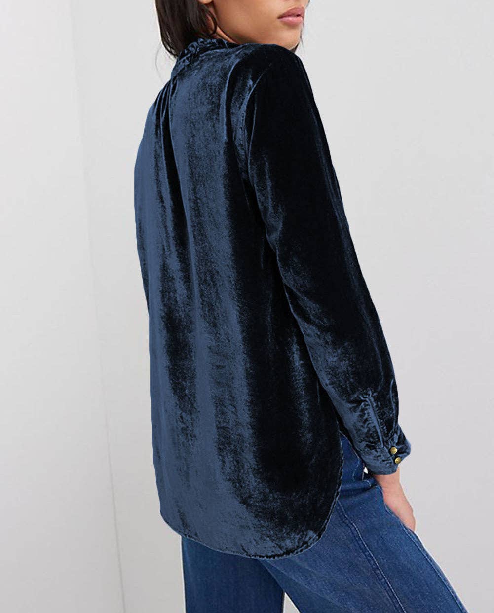Frilled Neck Buttoned Front Velvet Top - Image 12