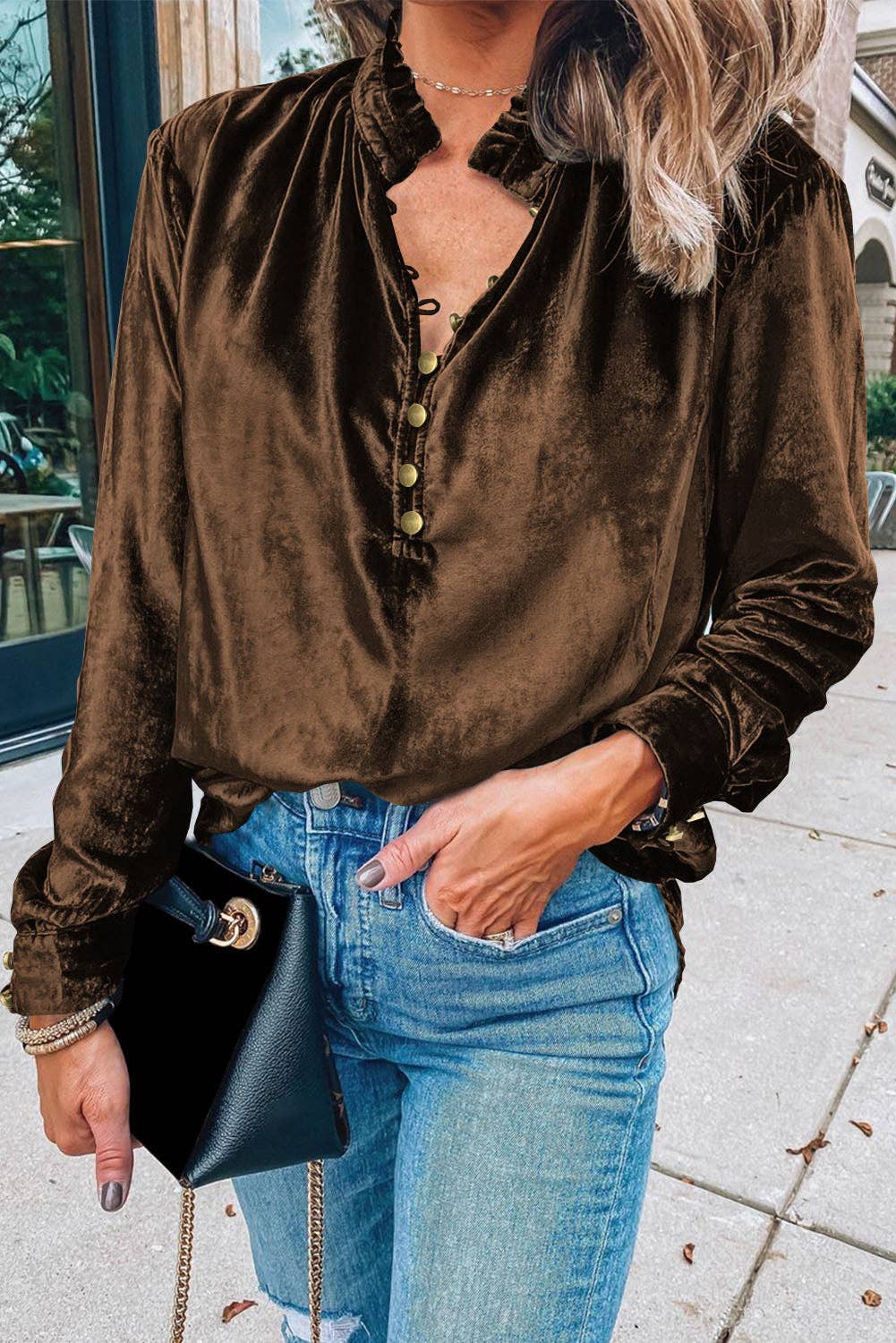 Frilled Neck Buttoned Front Velvet Top - Image 3