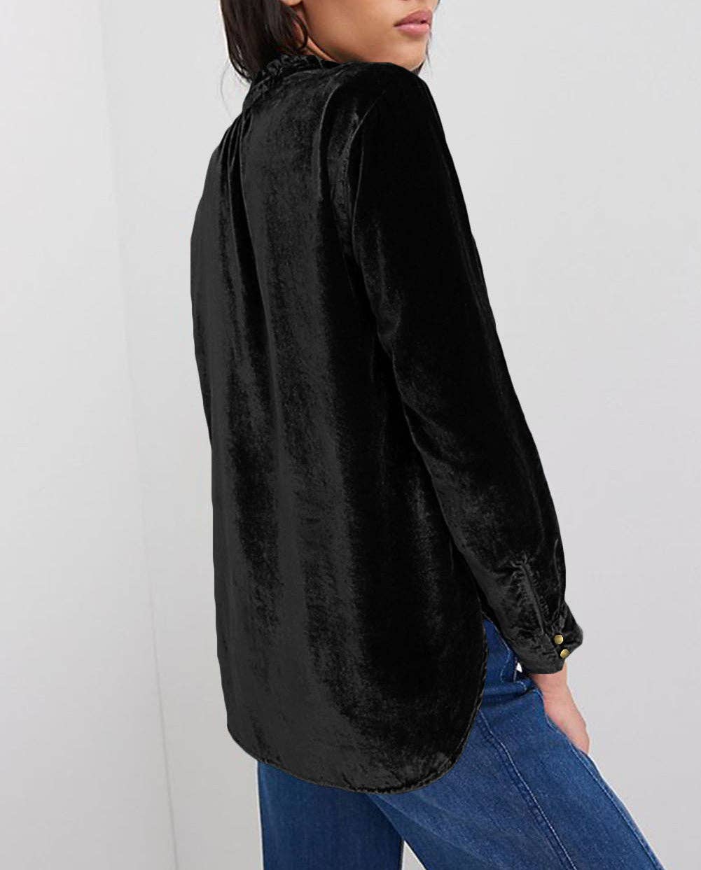 Frilled Neck Buttoned Front Velvet Top - Image 7