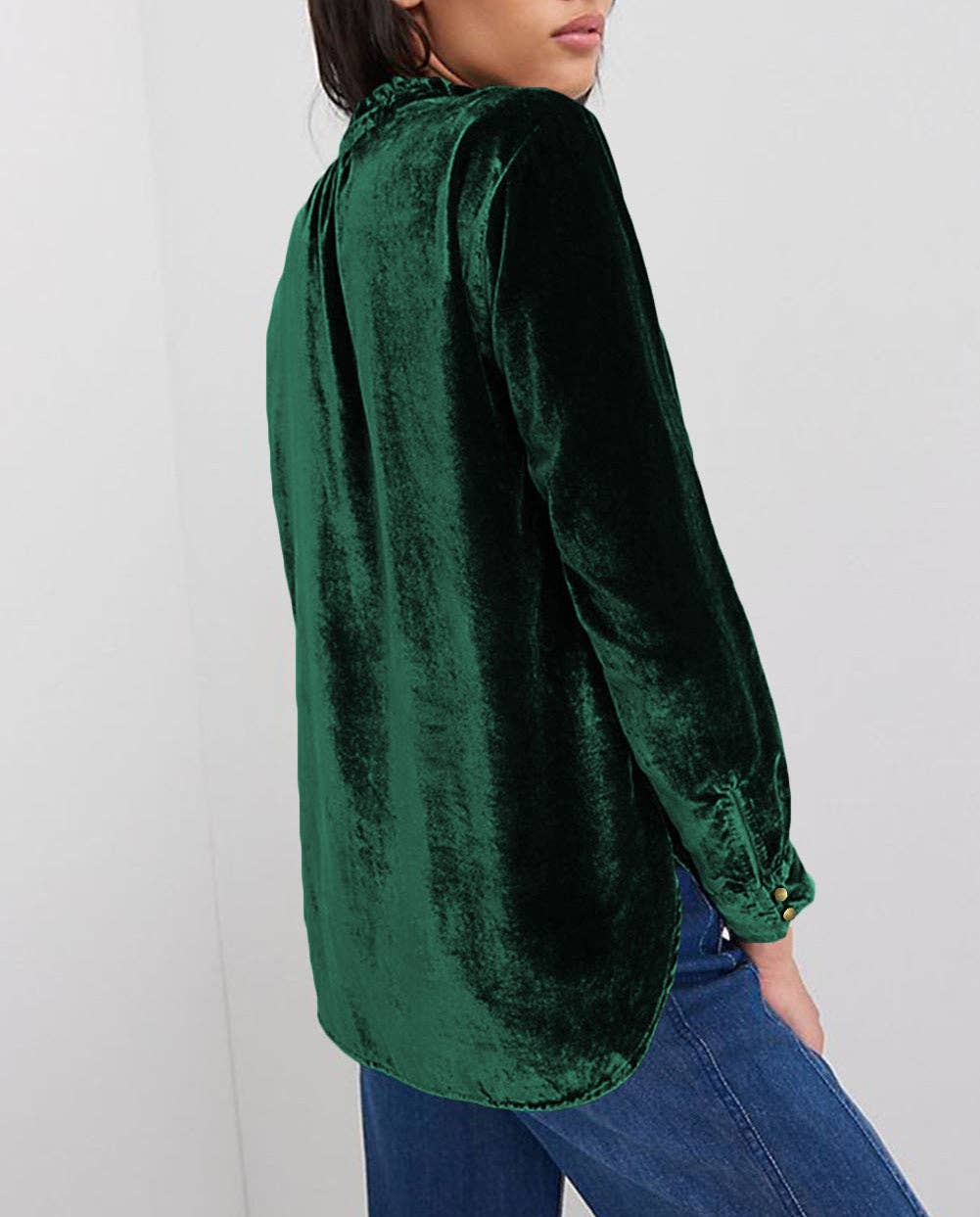 Frilled Neck Buttoned Front Velvet Top - Image 8