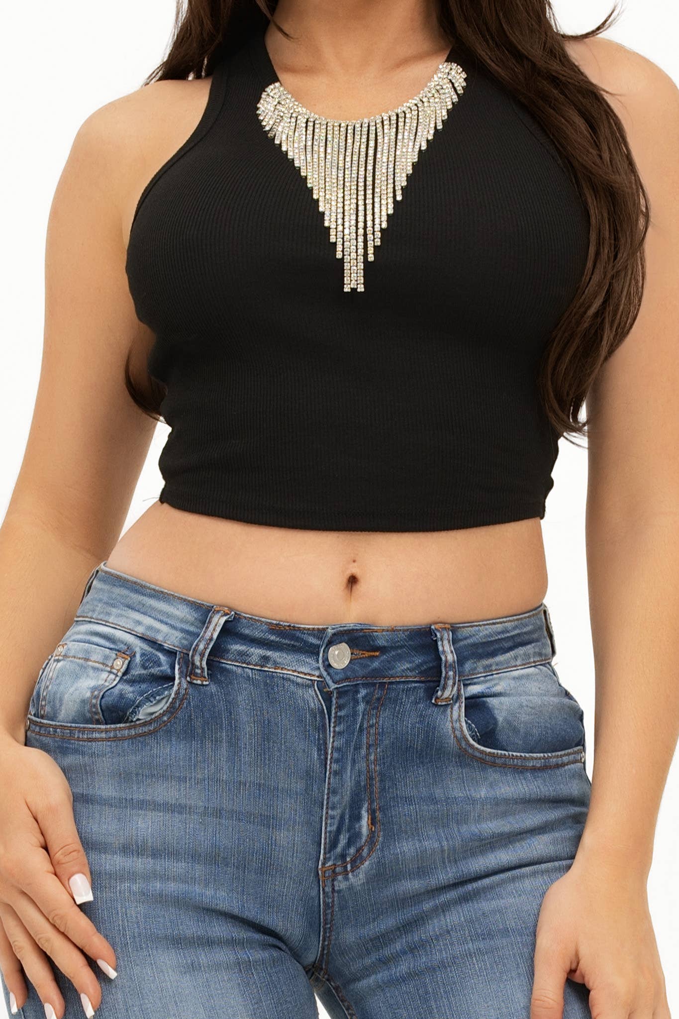 Front Rhinestones Fringe Trim Tank Top - Image 20