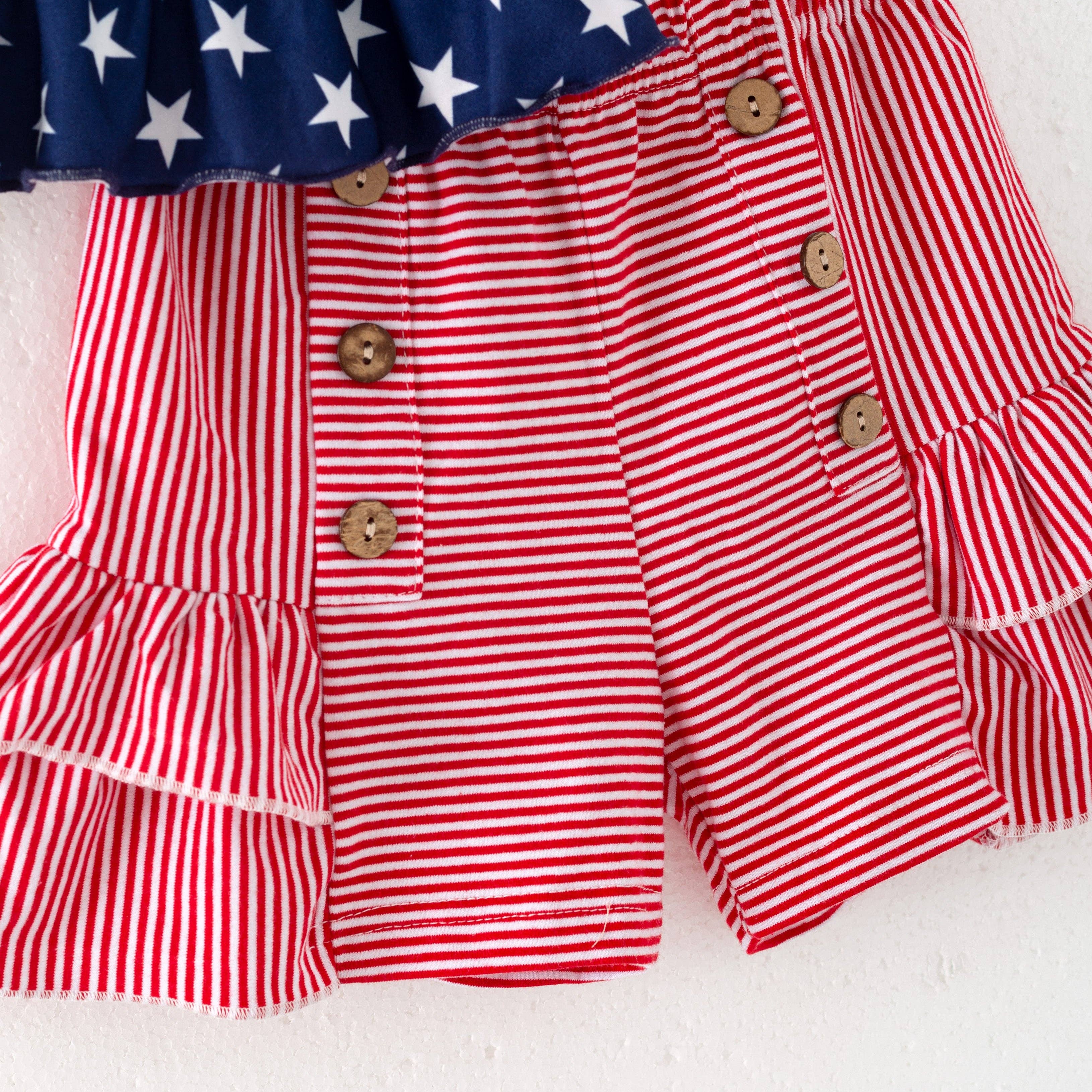 Girls Summer July 4th Navy Red Star Ruffled Short Set - Image 3