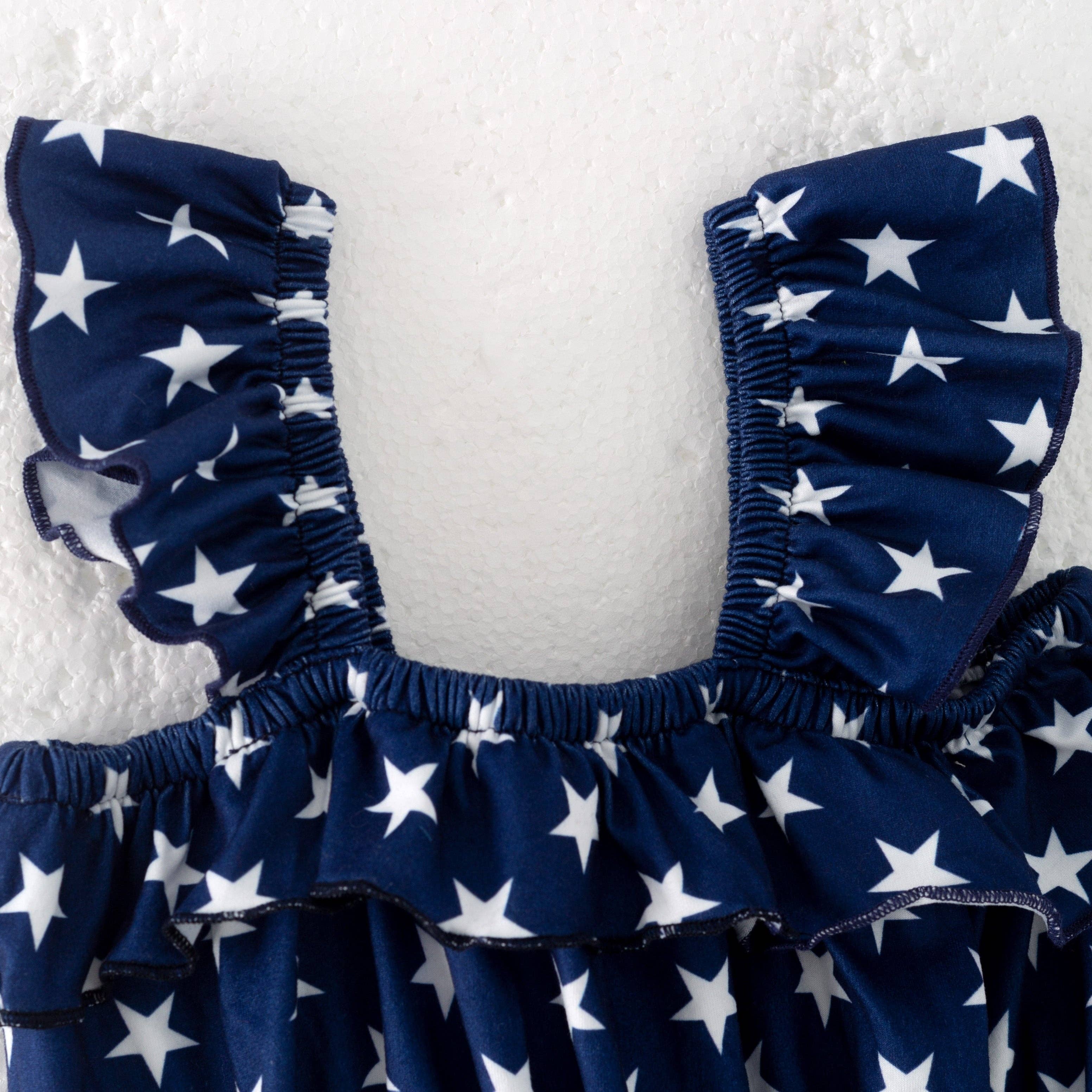 Girls Summer July 4th Navy Red Star Ruffled Short Set - Image 4