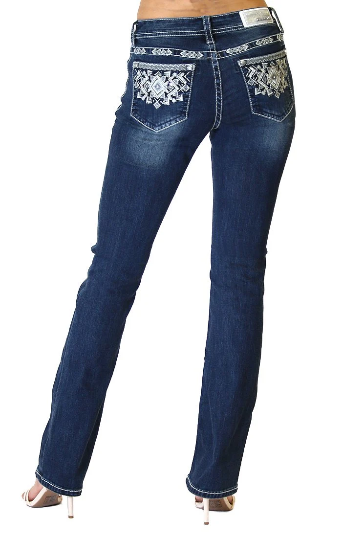 Grace in LA Gray Aztec Embellished Dark Wash Easy Bootcut Jeans Style EB-3300-GY - Image 2
