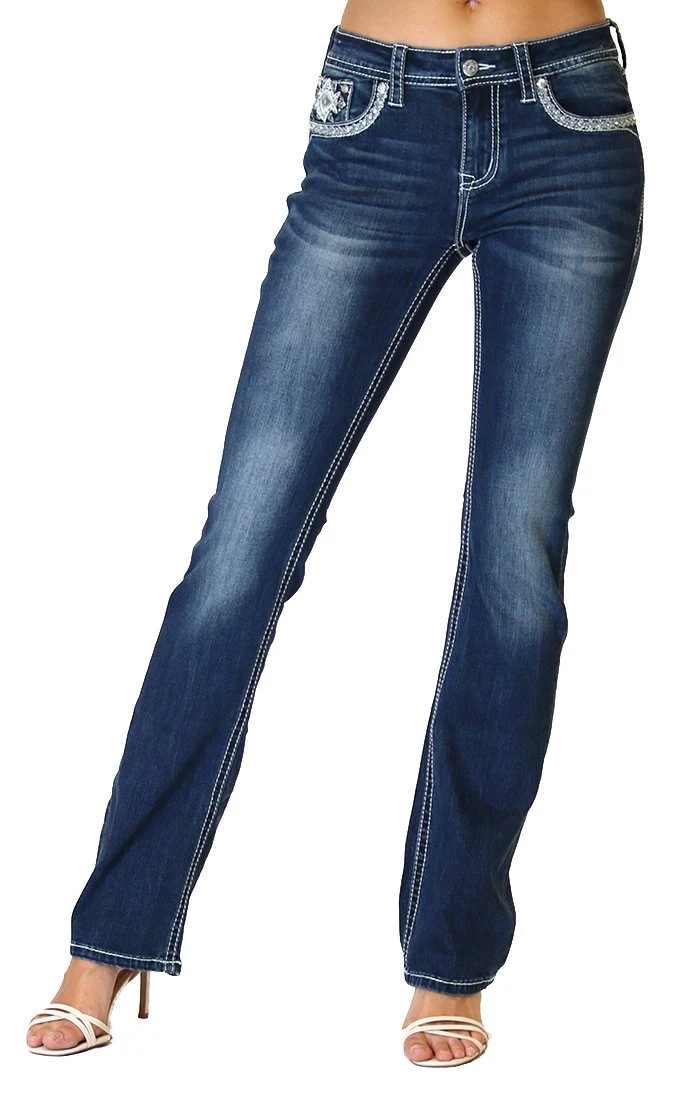 Grace in LA Gray Aztec Embellished Dark Wash Easy Bootcut Jeans Style EB-3300-GY - Image 3